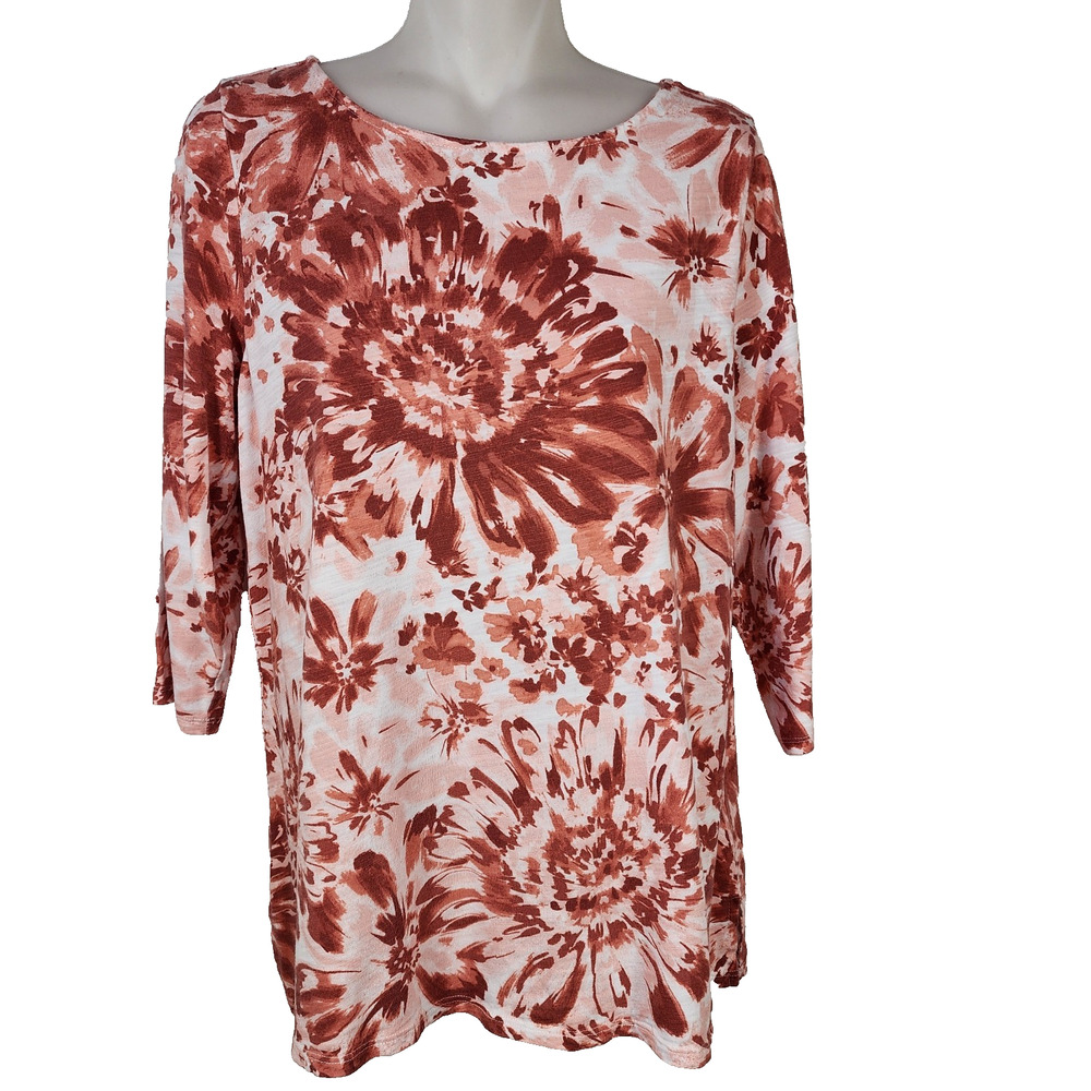 Belle by Kim Gravel Women's Top Small Marsala Coral Slub Knit Floral Brushstroke